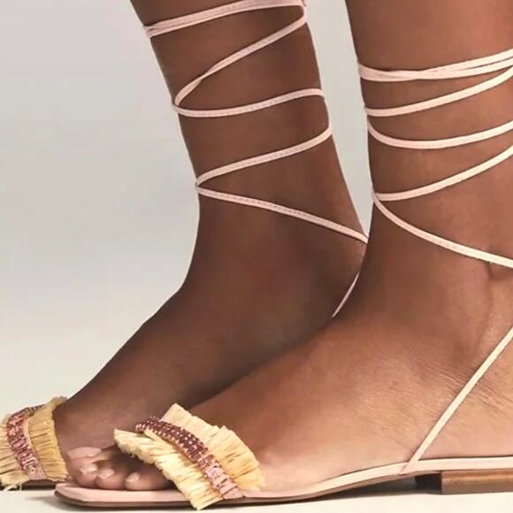 NWT Anthropologie Pink Tan Embellished Tie-Up Sandals - 37 EU - Picture 1 of 5